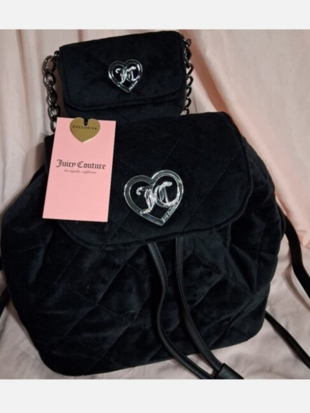 Juicy Couture Velour Velvet Black Quilted Accent Backpack W/Matching Wallet NWT